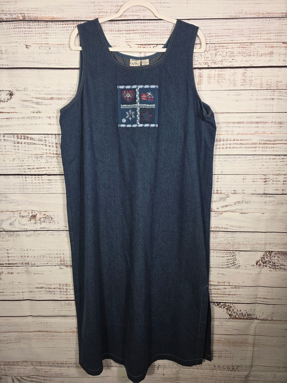 VTG 90s Women City Blues Koret Denim Jumper Dress Embroidered Patchwork size 18W